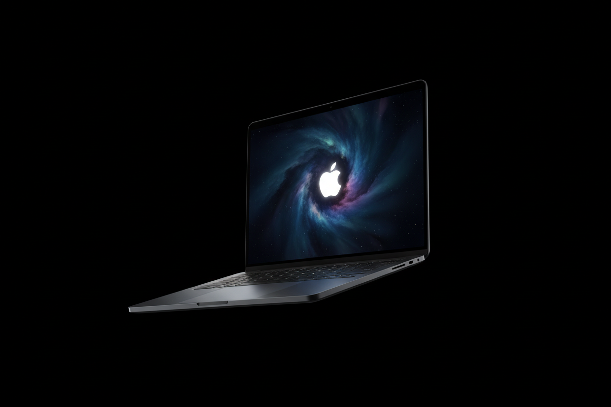 MacBook Pro M4 ouvert sur fond noir