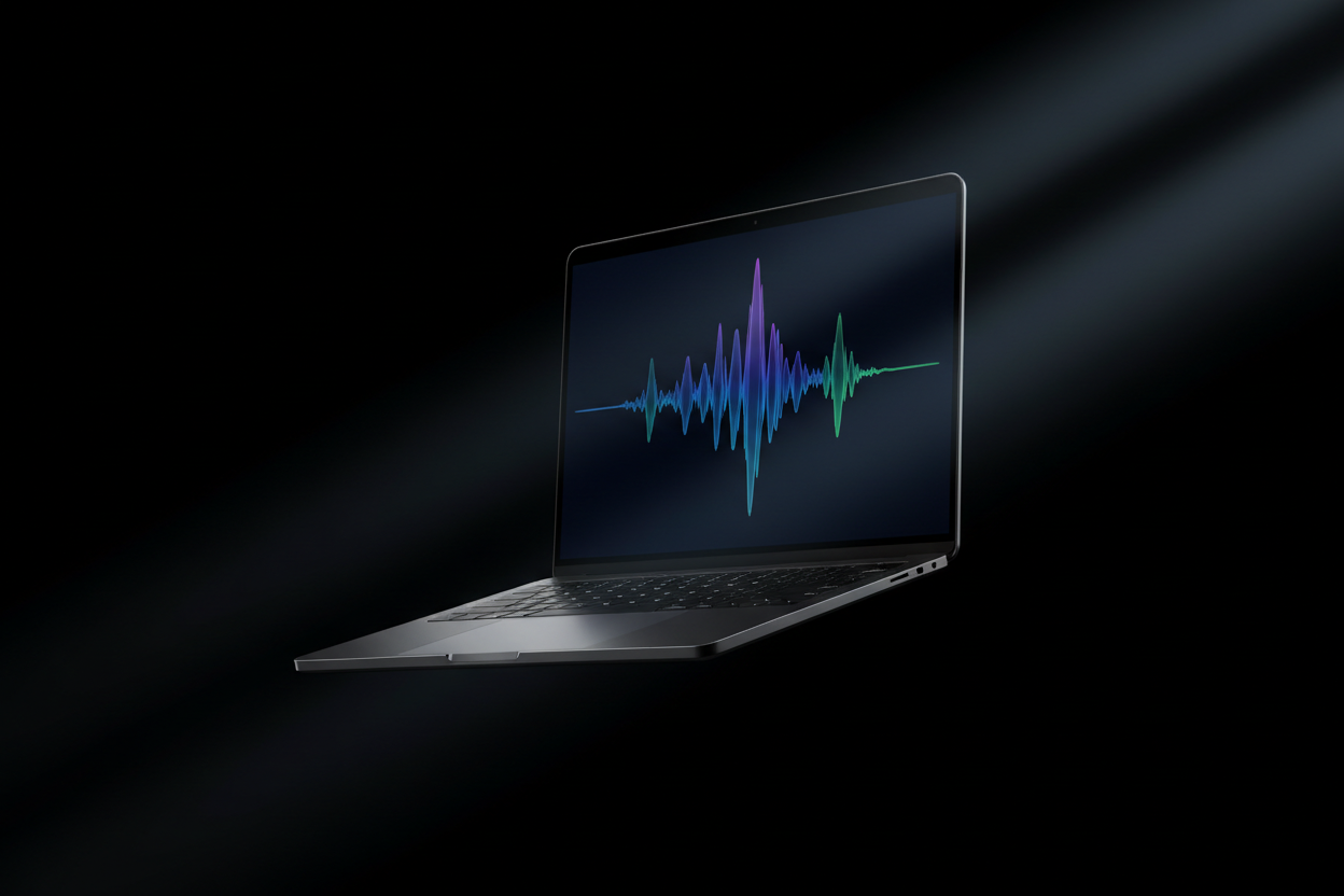 MacBook Pro M5 ouvert sur fond noir