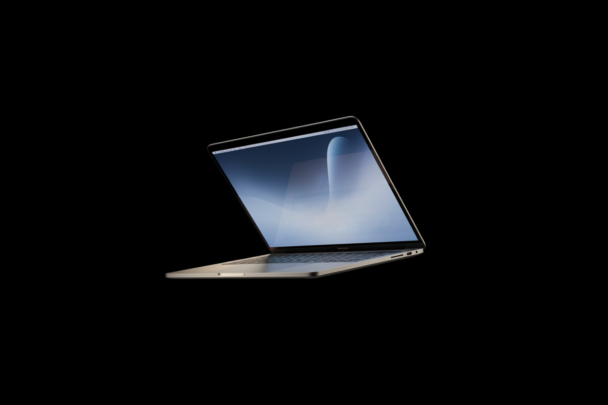 MacBook Air M3 ultra-fin ouvert sur fond noir